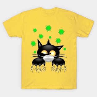 Cat with Face Mask scared by Virus Covid19 Humorous Cartoon Character T-Shirt